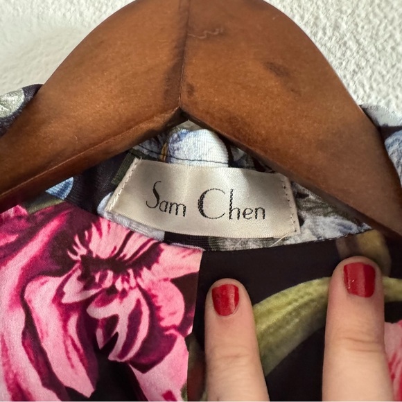 Sam Chen Brocade A-Line Coat M/L Forget Me Not Floral Designer New Dark Romance - Picture 10 of 16